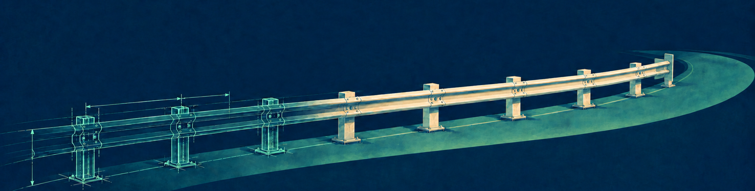 A guardrail transitions from a technical blueprint into a completed barrier along a winding road.