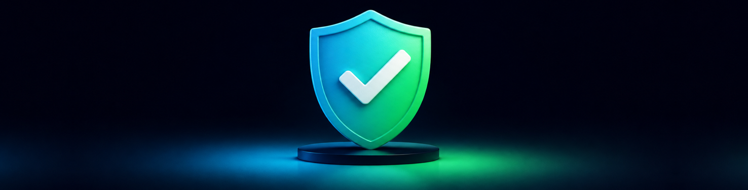 A blue and green shield with a white checkmark floats above a dark pedestal.