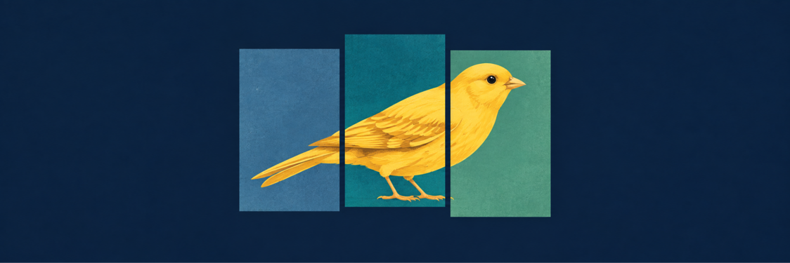 A yellow canary spans three separate blue and green panels.