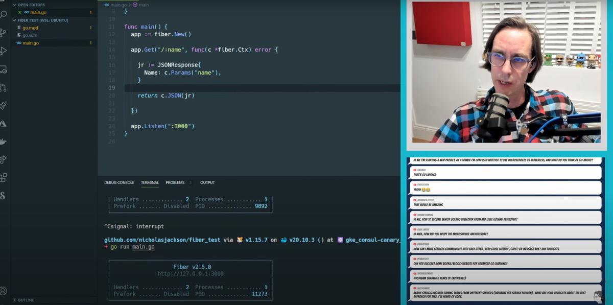 screen share of streamer Nic Jackson's micro service work