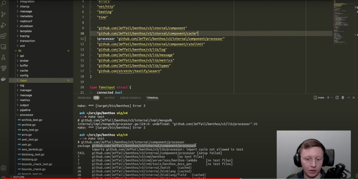 Ashley Jeffs' live streams his work on Benthos, a boring stream processor
