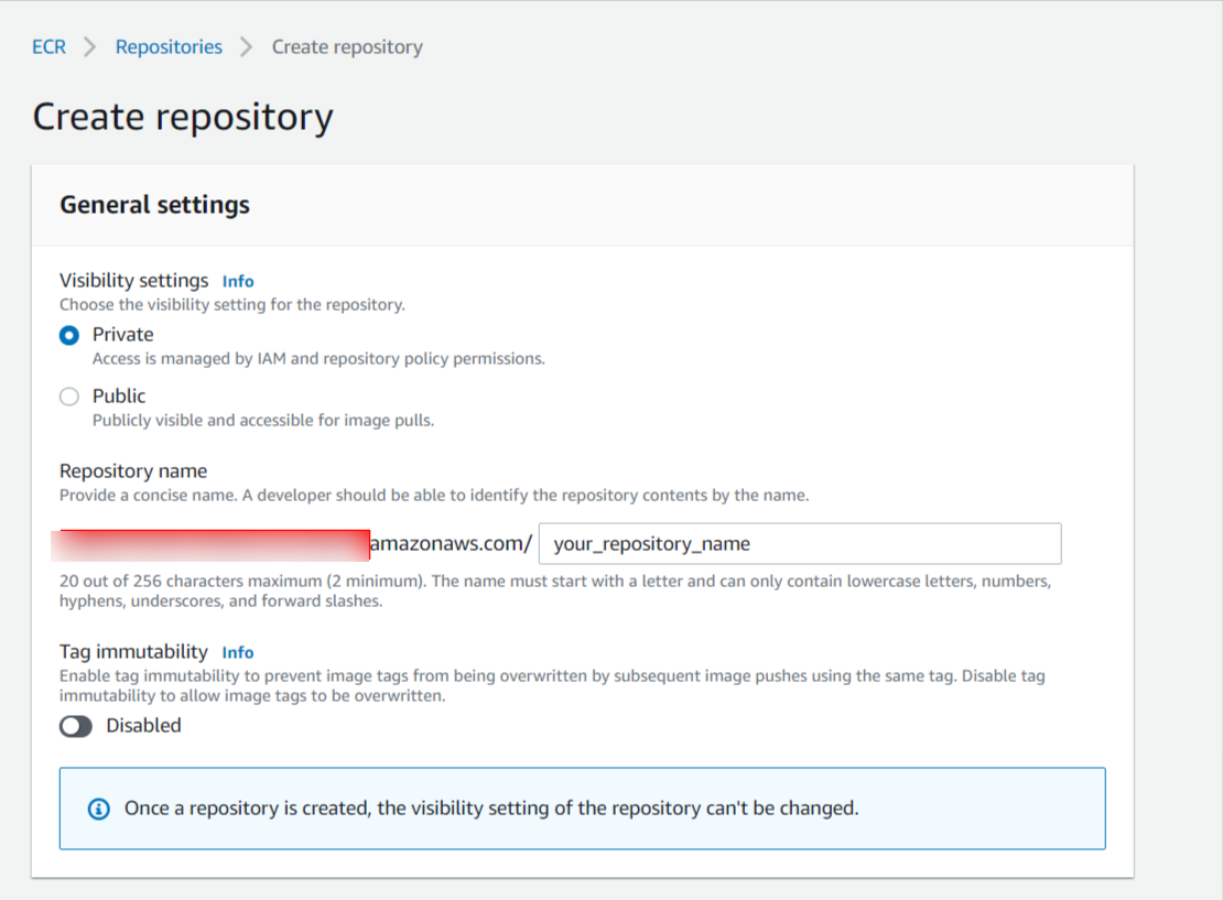 Amazon ECR repository creation menu