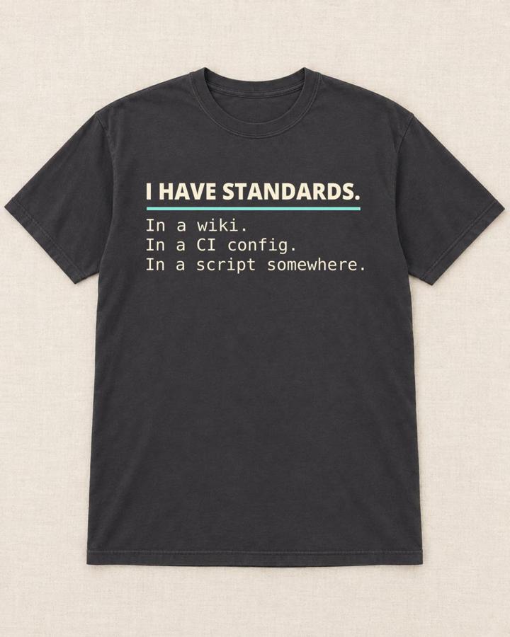 Shirt reading: I have standards. In a wiki. In a CI config. In a script somewhere.