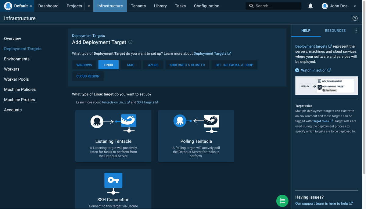Deployment Targets screen