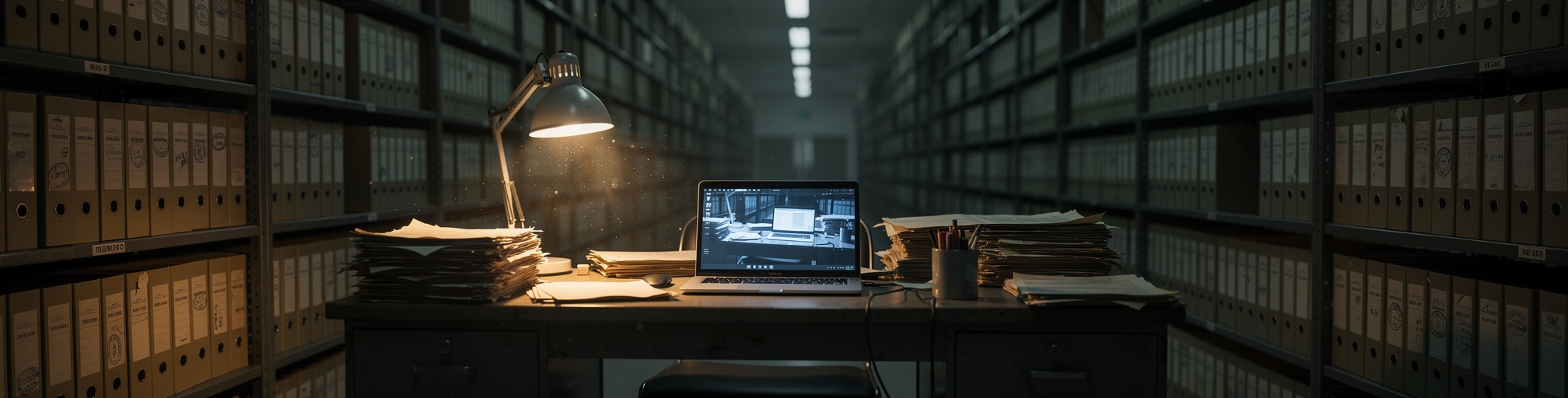 Rows of government archive file boxes receding into the dark, with a desk, laptop, and lamp at the center.