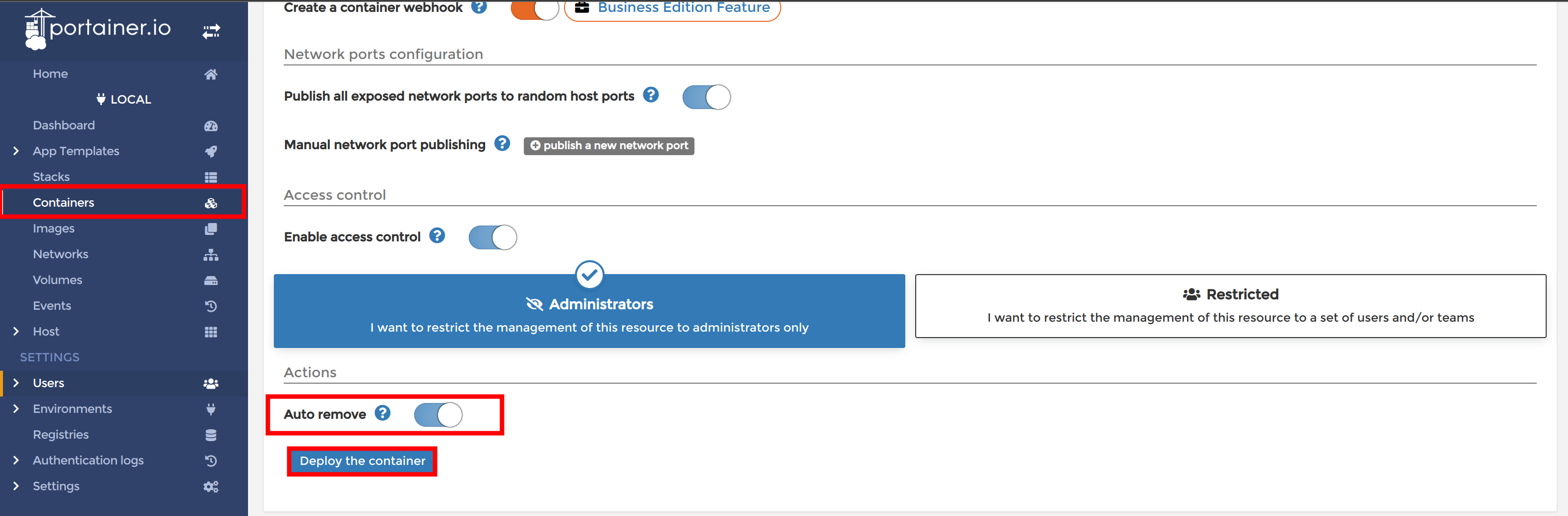 Toggling (Auto remove) configuration and deploying container.