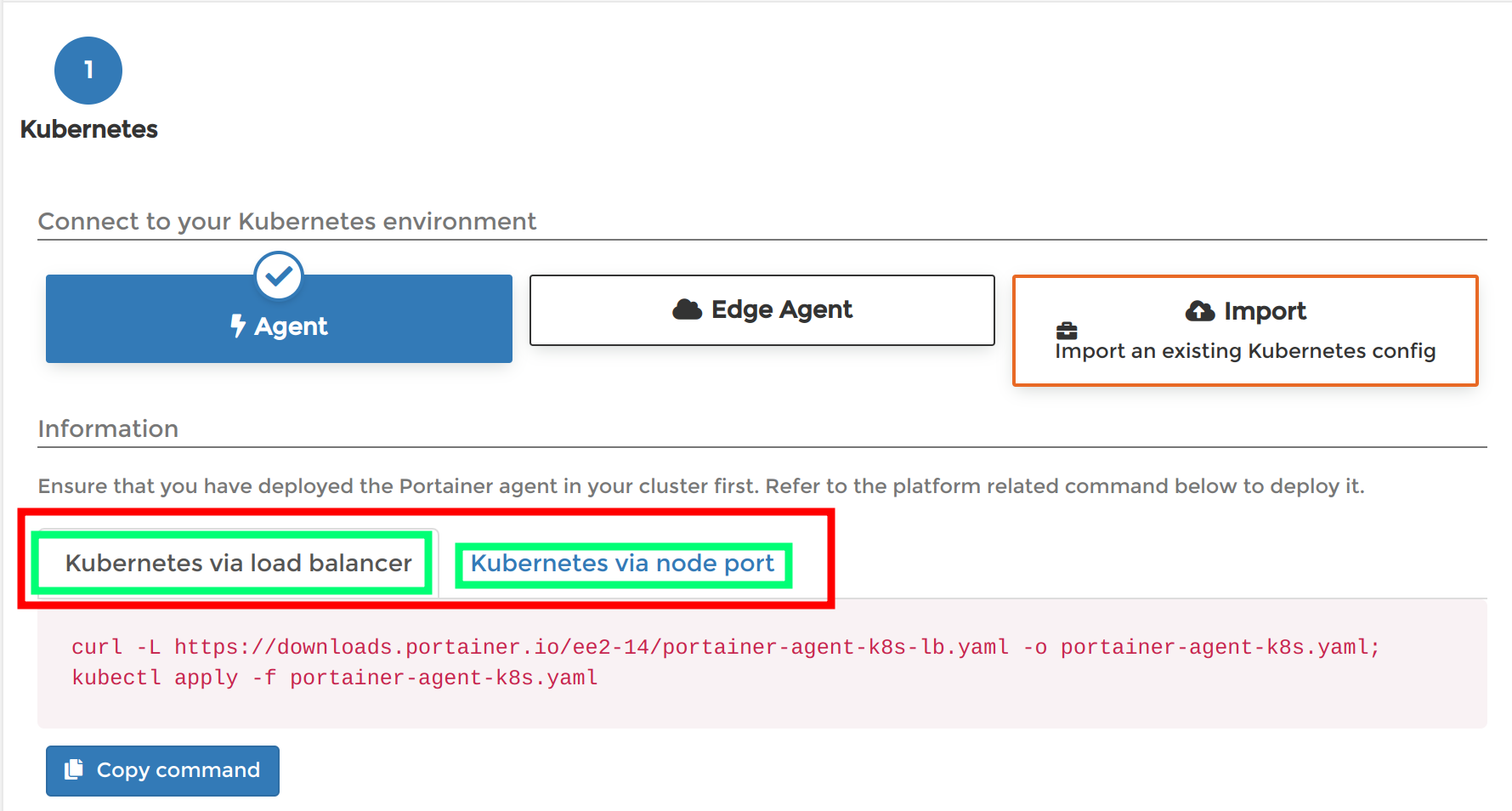 Viewing portainer agents for both Kubernetes via load balancer and Kubernetes via node port