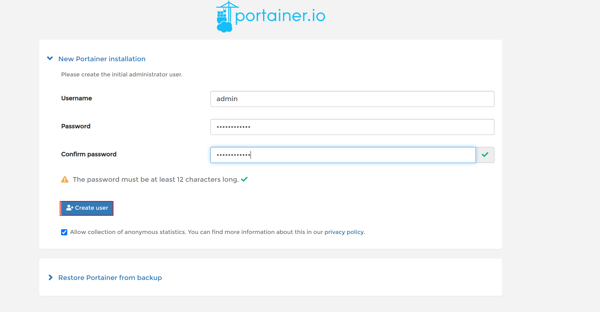 Creating a new user on portainer server.