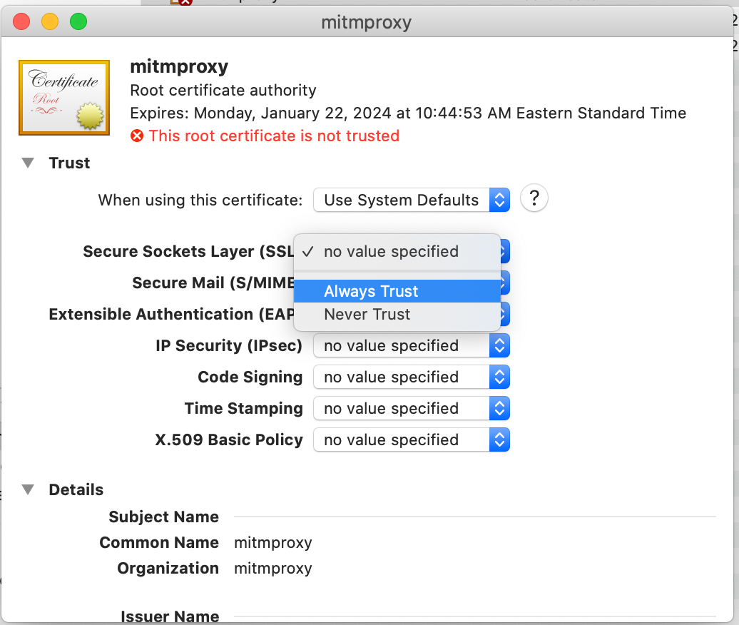 Setting certificate to Always Trust