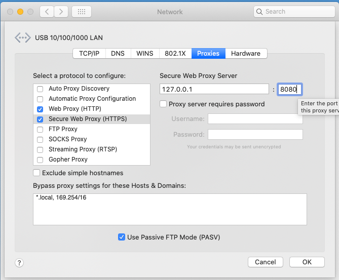 Setup Proxy under Setting -> Network-> Advanced on macOS