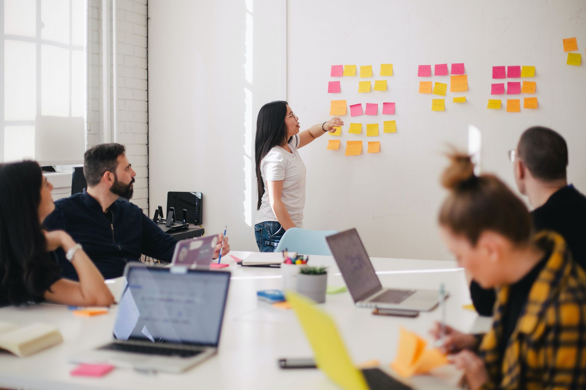 Team sprint planning in front of a white board