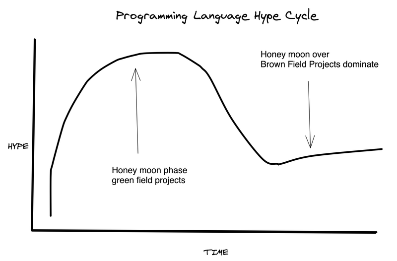A graph showing hype decreasing overtime for a language