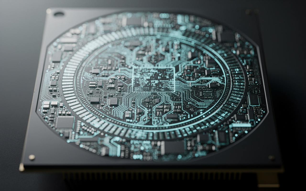 Macro view of an AI processor die with cyan circuit traces